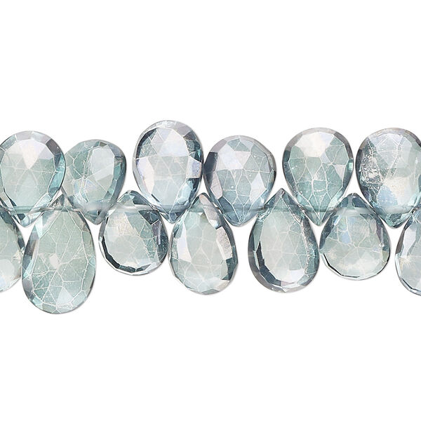Bead, quartz crystal (coated), teal blue, 9x7mm-13x8mm hand-cut top-drilled faceted puffed teardrop, B grade, Mohs hardness 7. Sold per 7-inch strand, approximately 50 beads. image number 0