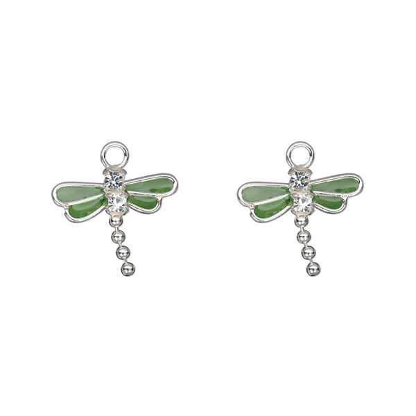 Charm, crystals / sterling silver / enamel, green and crystal clear, 13x11mm single-sided dragonfly. Sold per pkg of 2. image number 0