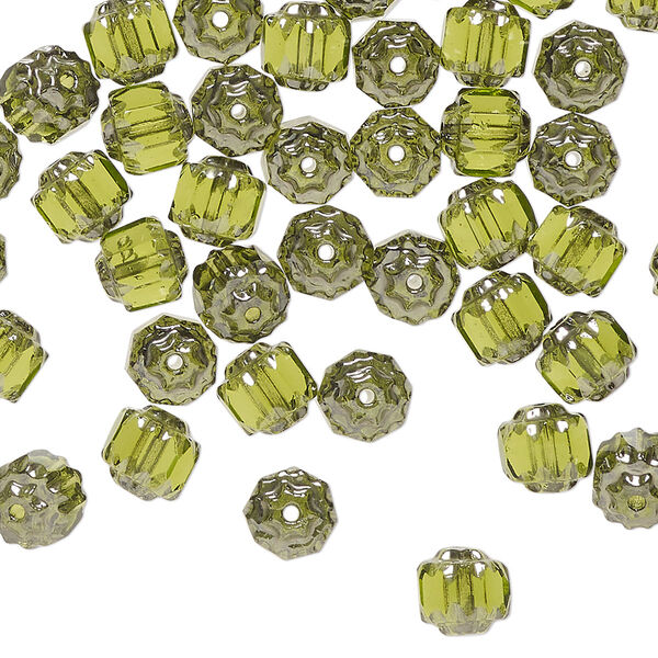 Czech pressed glass 1pkg60, cathedral bead translucent olive green / metallic silver 6mm image number 0