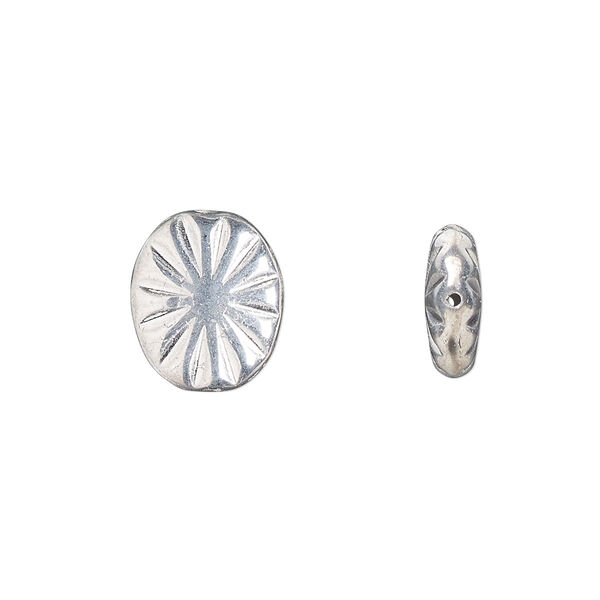 Bead, Preciosa, Czech pressed glass, opaque metallic silver, 14x11mm fluted flat oval. Sold per pkg of 10. image number 0