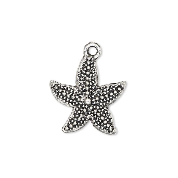 Charm, antique silver-plated "pewter" (zinc-based alloy), 19x19mm single-sided starfish. Sold per pkg of 4. image number 0