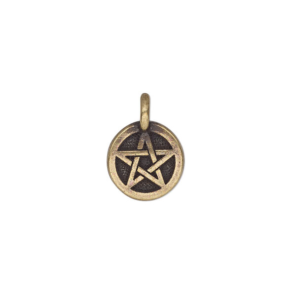Charm, TierraCast®, antique brass-plated pewter (tin-based alloy), 12mm single-sided round with pentagram. Sold per pkg of 2. image number 0