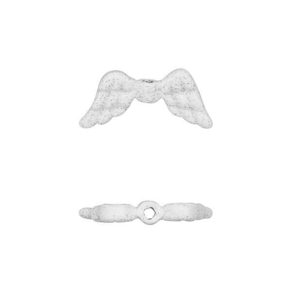 Bead, enamel and pewter (tin-based alloy), white with glitter, 20x9mm double-sided angel wing. Sold individually. image number 0
