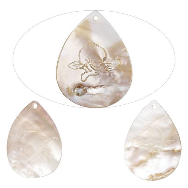 Focal, mother-of-pearl shell (natural/bleached), 63x47mm-69x53mm hand-carved teardrop with peach design, Mohs hardness 3-1/2. Sold per pkg of 3. image number 0
