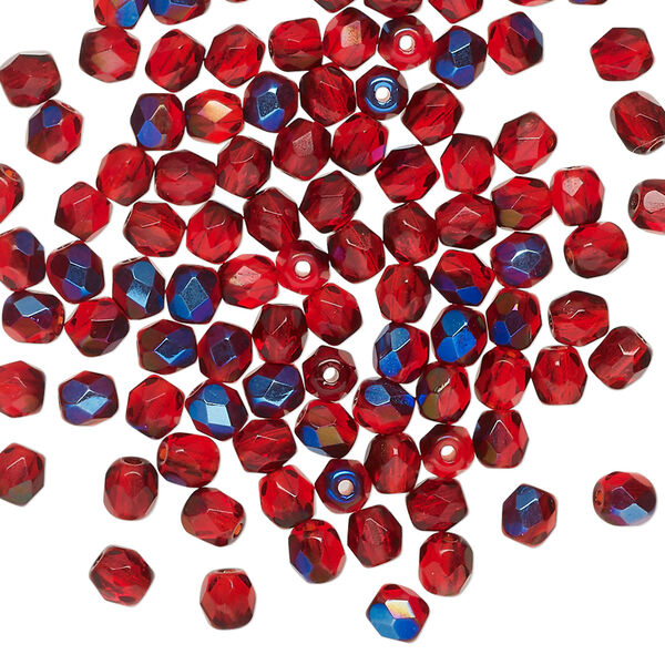 Bead 1pkg1200 Czech fire-polished glass, red blue iris, 4mm faceted round. 1 mass. image number 0
