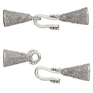 Clasp hook&eye 1pkg1 silver-plated pewter (tin alloy), 44x9mm beaded cone / fits 6mm cord, antique 1-strand