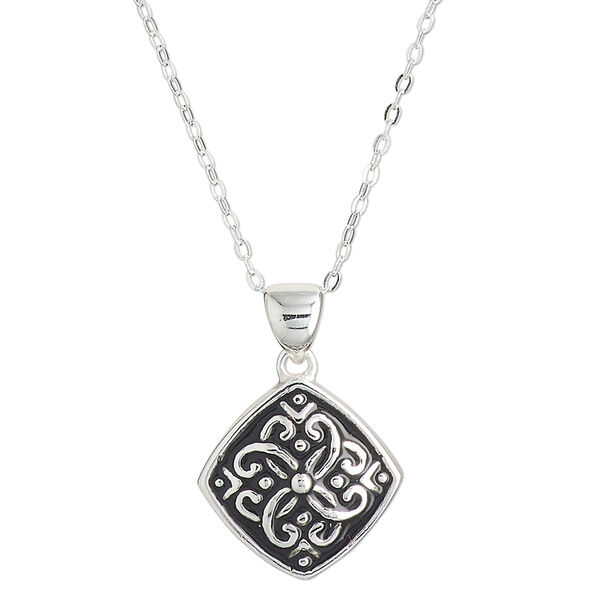Necklace, Create Compliments®, sterling silver and enamel, black, 15.5mm diamond with dot and swirl design, adjustable at 18 and 20 inches with springring clasp. Sold individually. image number 0