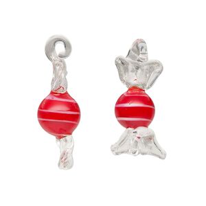 Drop, lampworked glass, translucent red / white / clear, 20x10mm-25x15mm candy. Sold per pkg of 2.