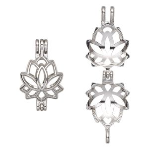 Pendant, imitation rhodium-finished "pewter" (zinc-based alloy), 26.5x16mm double-sided lotus bead cage with 12mm rivoli setting, fits up to 8mm bead. Sold individually.
