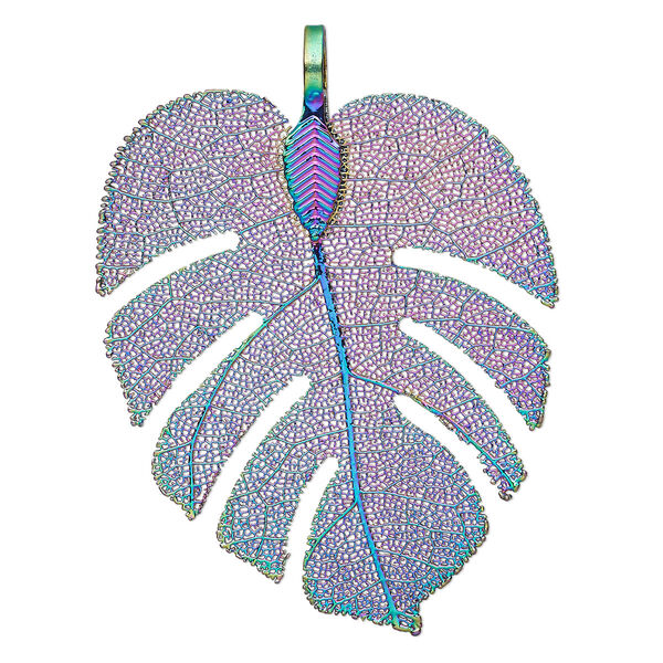 Pendant, copper-plated brass and Indian rubber plant, rainbow, 54x41mm-56x41mm double-sided palm leaf. Sold individually. image number 0