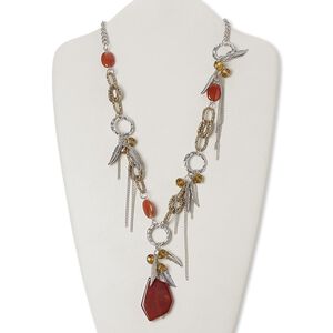Necklace, red agate (dyed / heated) / glass / silver-coated plastic / silver-plated "pewter" (zinc-alloy based) / steel / brass, gold / brown / red, feather, 26 inches with 2-1/2 inch extender chain and lobster claw clasp. Sold individually.