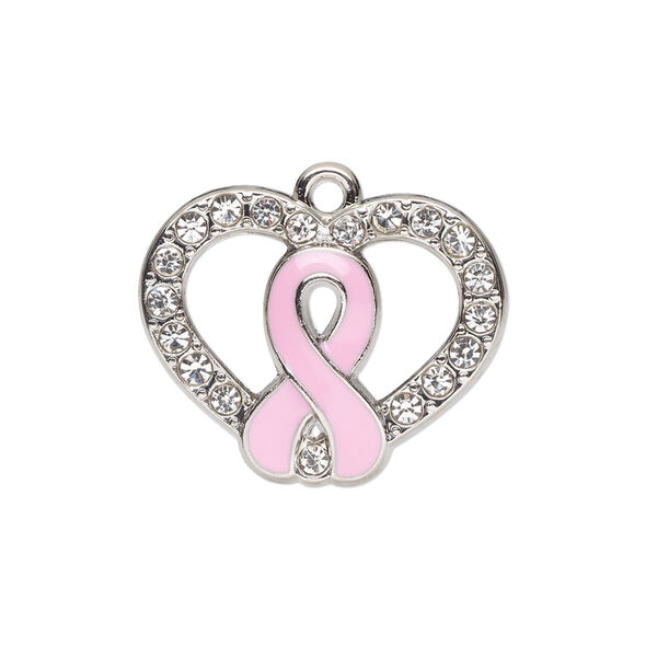 Charm, glass rhinestone / enamel / silver-finished "pewter" (zinc-based alloy), clear and pink, 25x20mm single-sided open heart with awareness ribbon. Sold individually. image number 0