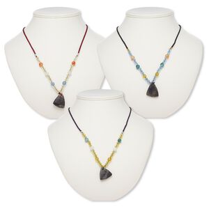 Multi-gemstone / acrylic / glass 1pkg3, triangle pendant necklace mix continuous loop 20-24 inch 26x26x24mm-31x28x26mm