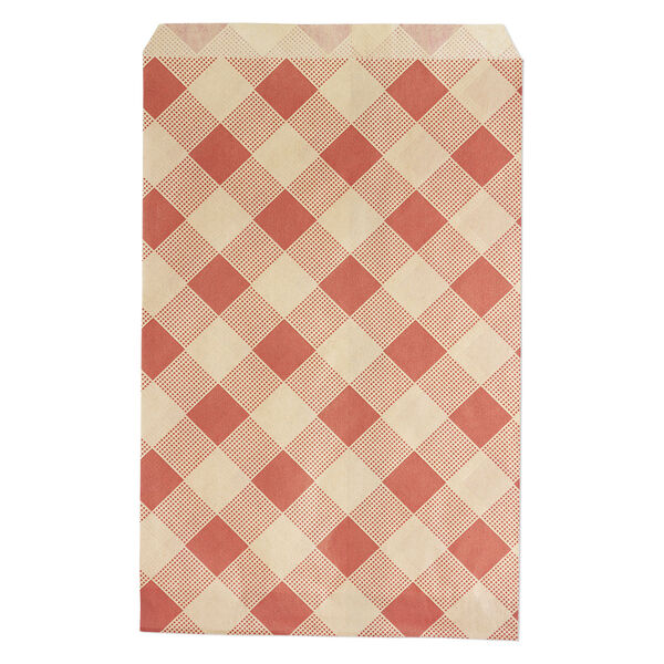 Bag, paper, brown and red, 9x6 inch rectangle with plaid-print and scalloped top edge. Sold per pkg of 100. image number 0