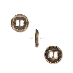 Button, antique brass-plated "pewter" (zinc-based alloy), 11mm single-sided concave flat round. Sold per pkg of 50.