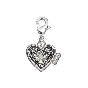 Drop, antique silver-finished "pewter" (zinc-based alloy), 14x13mm heart prayer box with magnetic closure and lobster claw clasp. Sold individually.