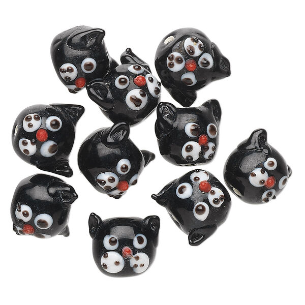 Bead, lampworked glass, black / red / white, 13x13mm round cat head. Sold per pkg of 10. image number 0