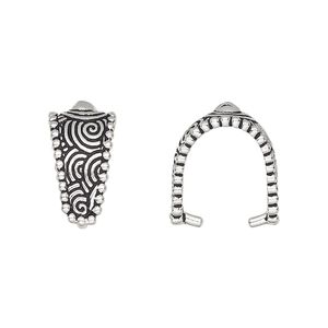 Bail, TierraCast®, ice-pick, antique silver-plated pewter (tin-based alloy), 17x9mm with swirl design and beaded border, 12mm grip length. Sold per pkg of 2.