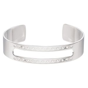 Bracelet component, cuff, silver-plated brass, 1/2 inch wide with 46x6mm open rectangle and 26 holes, adjustable from 6-1/2 to 7-1/2 inches. Sold individually.