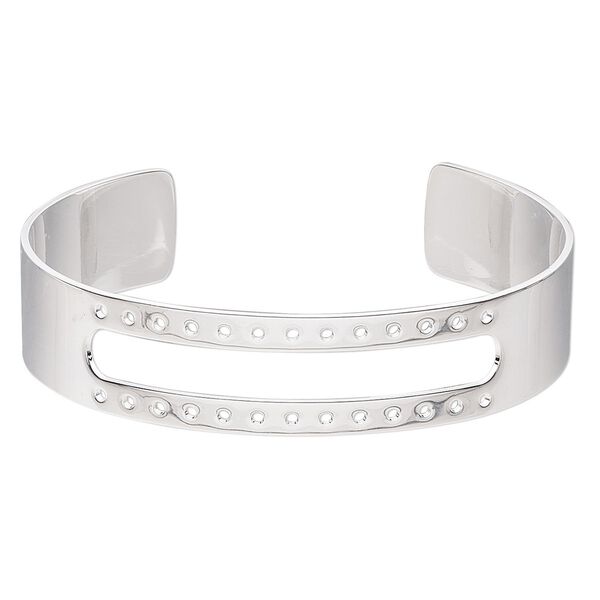 Bracelet component, cuff, silver-plated brass, 1/2 inch wide with 46x6mm open rectangle and 26 holes, adjustable from 6-1/2 to 7-1/2 inches. Sold individually. image number 0