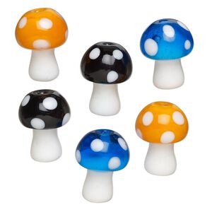 Bead assortment, lampworked glass, opaque white and black / orange / blue, 16.5x12mm mushroom. Sold per pkg of 6.