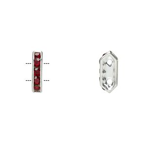 Spacer, glass rhinestone and silver-plated brass, garnet color, 11x2.5mm 2-strand bridge, fits up to 4.5mm bead. Sold per pkg of 10.