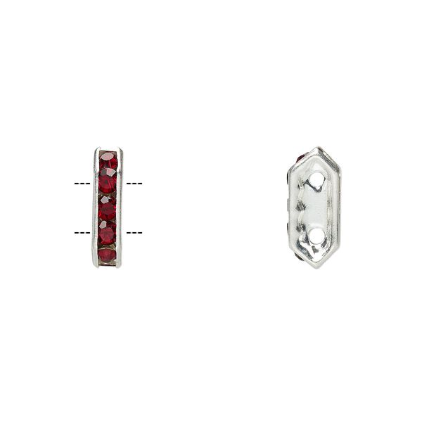 Spacer, glass rhinestone and silver-plated brass, garnet color, 11x2.5mm 2-strand bridge, fits up to 4.5mm bead. Sold per pkg of 10. image number 0
