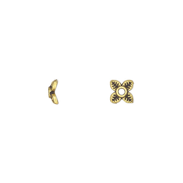 Bead cap, antique gold-finished "pewter" (zinc-based alloy), 7.5x2mm leaves, fits 5-8mm round bead. Sold per pkg of 20. image number 0