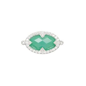 Link, chalcedony (dyed) / cubic zirconia / sterling silver, clear and sea green, 18x12mm double-sided faceted oval. Sold individually.