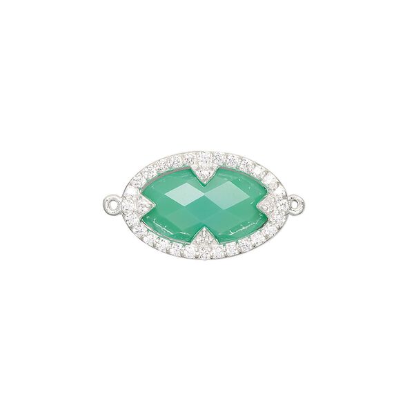 Link, chalcedony (dyed) / cubic zirconia / sterling silver, clear and sea green, 18x12mm double-sided faceted oval. Sold individually. image number 0