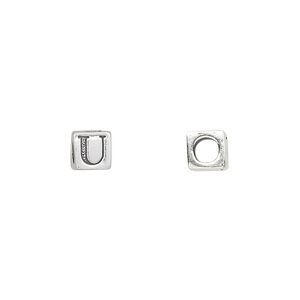 Bead, sterling silver, 5.5mm cube with alphabet letter "U." Sold individually.