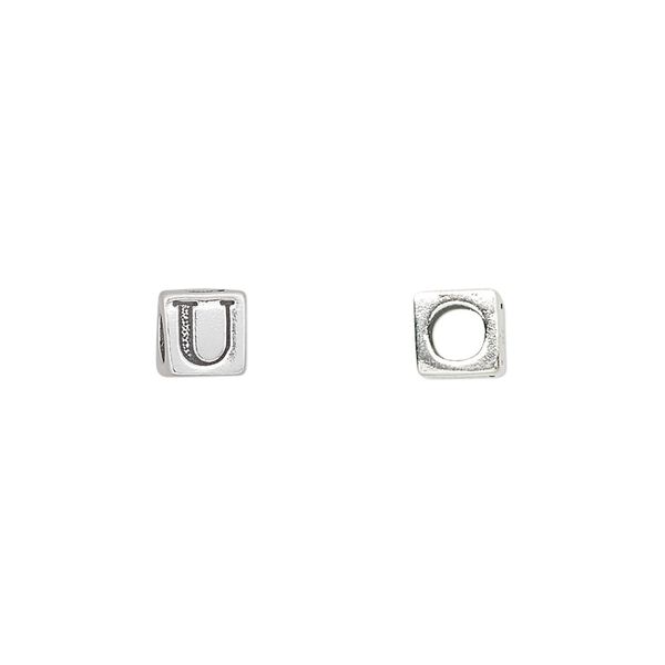 Bead, sterling silver, 5.5mm cube with alphabet letter "U." Sold individually. image number 0