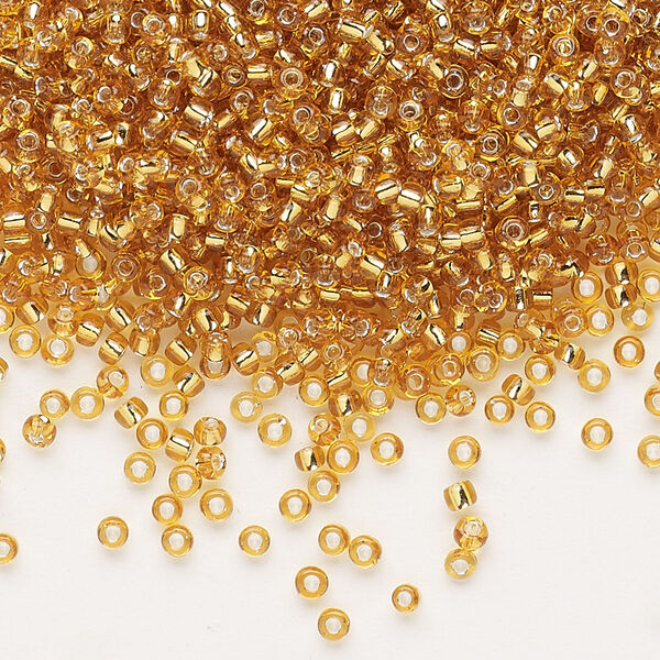 Seed bead, Dyna-Mites™, glass, pkg/1/2kg, #11 round, transparent silver-lined gold, (31:RR 11/0 RR). image number 0