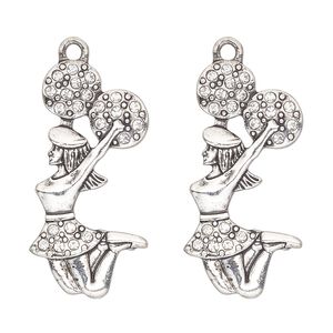 Focal, antique silver-finished "pewter" (zinc-based alloy) and glass, clear, 31x16mm single-sided cheerleader. Sold per pkg of 2.