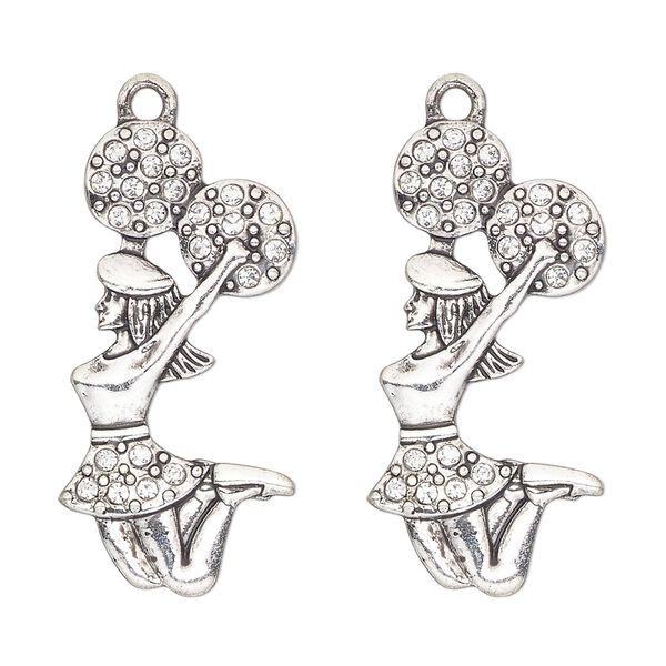 Focal, antique silver-finished "pewter" (zinc-based alloy) and glass, clear, 31x16mm single-sided cheerleader. Sold per pkg of 2. image number 0