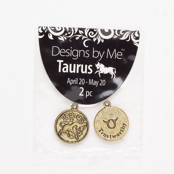 "Pewter" (zinc-based alloy) / enamel 1pkg2, 2-sided round charm / Taurus / "Trustworthy" antique gold finish / black 18mm image number 0