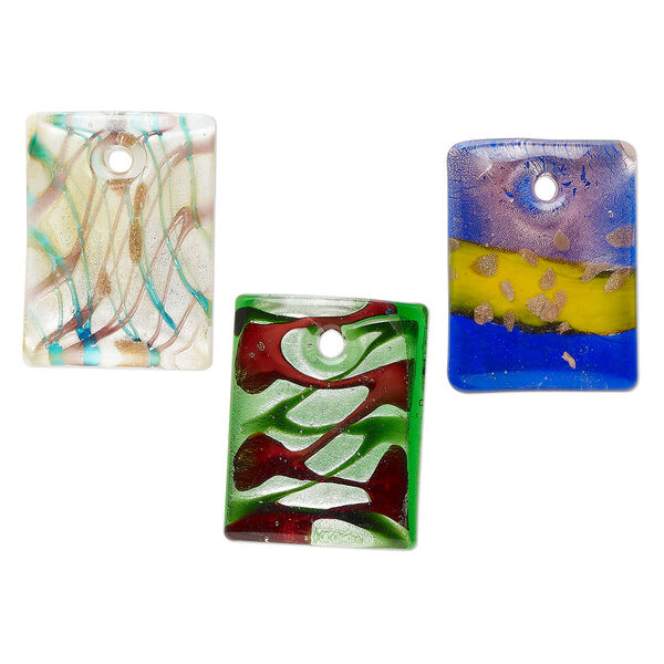 Random focal mix, lampworked glass, opaque and translucent mixed colors, 44x33mm-46x35mm domed rectangle with copper-colored glitter and silver-colored foil. Sold per pkg of 3. image number 0