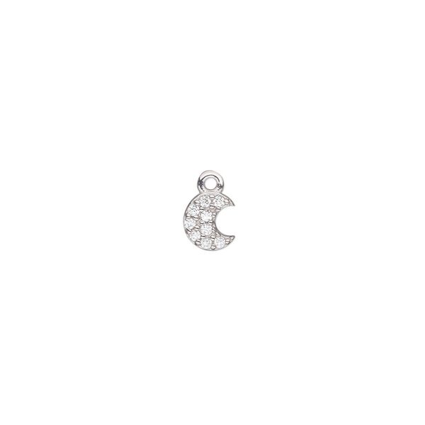 Charm, cubic zirconia and rhodium-plated sterling silver, clear, 6x5mm single-sided flat moon. Sold individually. image number 0