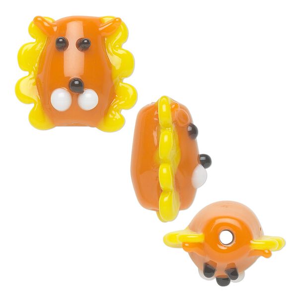 Bead, lampworked glass, opaque orange and yellow, 17x16mm lion head. Sold per pkg of 4. image number 0