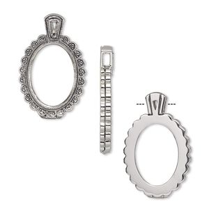 Pendant, Almost Instant Jewelry®, antique silver-plated brass and rubber, 45x28.5mm single-sided hinged scalloped oval with 30x22mm oval setting. Sold individually.