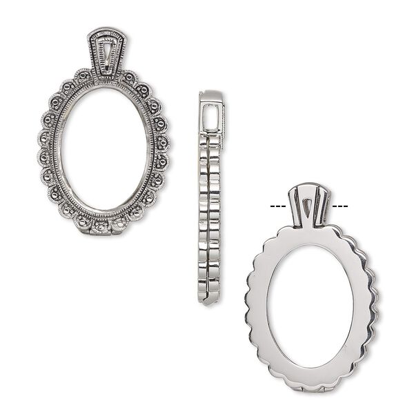 Pendant, Almost Instant Jewelry®, antique silver-plated brass and rubber, 45x28.5mm single-sided hinged scalloped oval with 30x22mm oval setting. Sold individually. image number 0