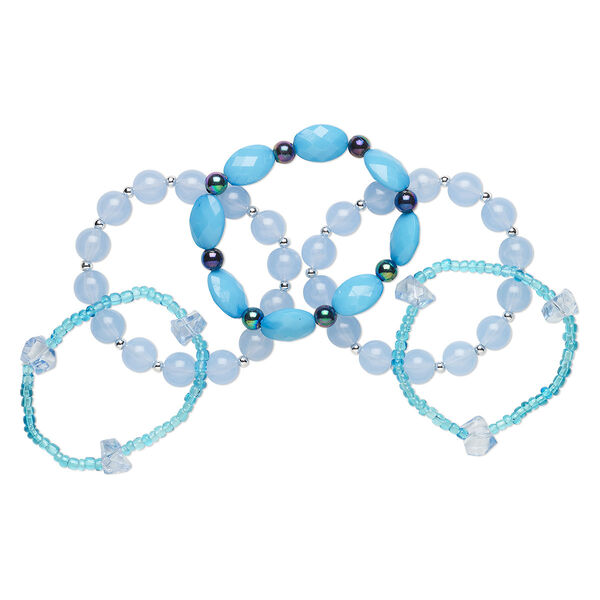 Bracelet, stretch, acrylic / elastic / ribbon, blue and rainbow blue, 7 to 7-1/2 inches. Sold per 5-piece set. image number 0