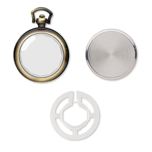 Watch body, glass / stainless steel / antique brass-plated "pewter" (zinc-based alloy), 54x40mm round. Sold per 4-piece set. image number 0