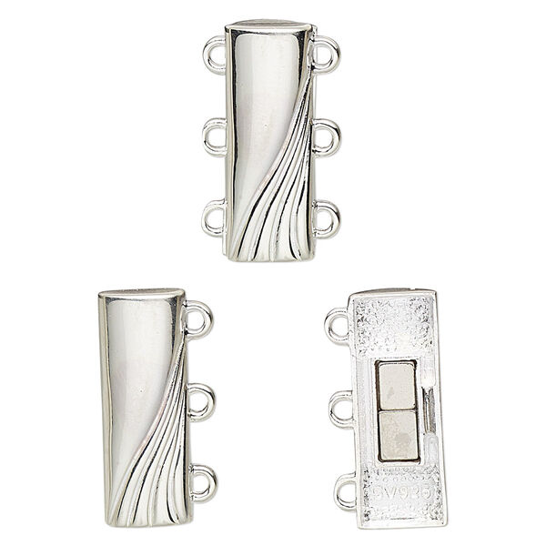 Clasp, 3-strand magnetic, sterling silver, 19.5x7mm rectangle with wave design. Sold individually. image number 0