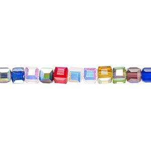 Bead 1pk 18 facets opaque to transparent multicolored AB, Celestial Crystal® 4mm cube 15.5-16 inch