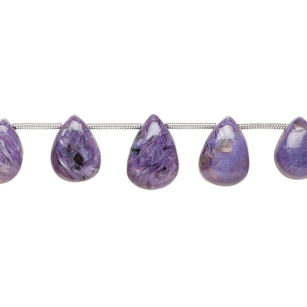 Bead, charoite (natural), 11x8mm-14x10mm graduated hand-cut top-drilled puffed teardrop, B grade, Mohs hardness 5 to 6. Sold per pkg of 5. image number 0