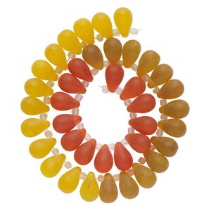 Bead, glass, translucent matte orange, light yellow and yellow, 16x10mm top-drilled teardrop with irregular rondelles. Sold per 14-inch strand.