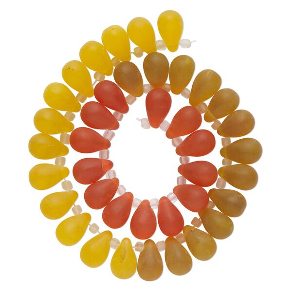 Bead, glass, translucent matte orange, light yellow and yellow, 16x10mm top-drilled teardrop with irregular rondelles. Sold per 14-inch strand. image number 0