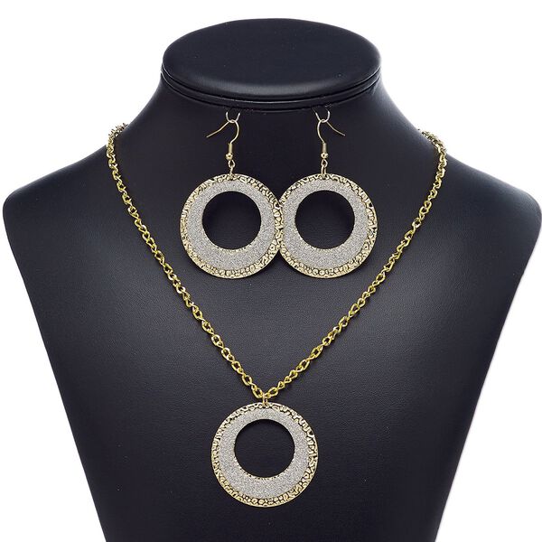 Necklace and earring set, glitter paper and gold-finished steel, silver, 42mm round go-go, 20-inch necklace with 1-1/2 inch extender chain and self-closing hook clasp, 2-1/2 inch earrings with fishhook ear wire. Sold per set. image number 0