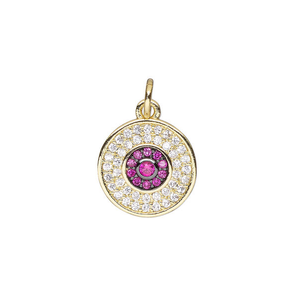 Drop, cubic zirconia and gold-finished brass, clear and pink, 12.5mm single-sided round with 5mm open jump ring. Sold individually. image number 0